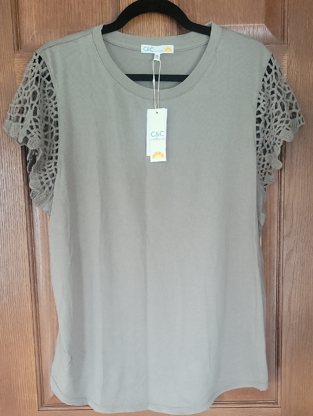 C&C California Olive-Taupe Crochet Sleeve Short-Sleeve Tee